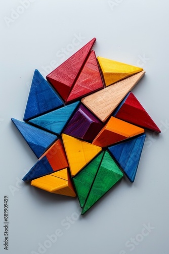 Tangram pieces arranged to form a unified shape, demonstrating how different parts fit together to create a whole. 