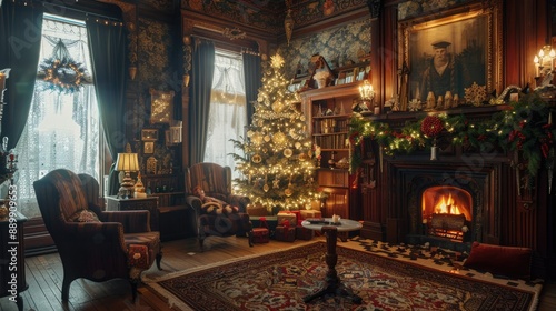 Victorian style living room with fireplace, decorated and illuminated Christmas tree and gift boxes. New Year ambience