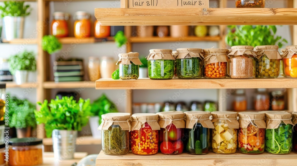 Colorful jars of preserved vegetables on wooden shelves in a bright kitchen setting with fresh herbs and produce around. Colorful jars of preserved vegetables on wooden shelves in a bright kitchen setting with fresh herbs and produce around.