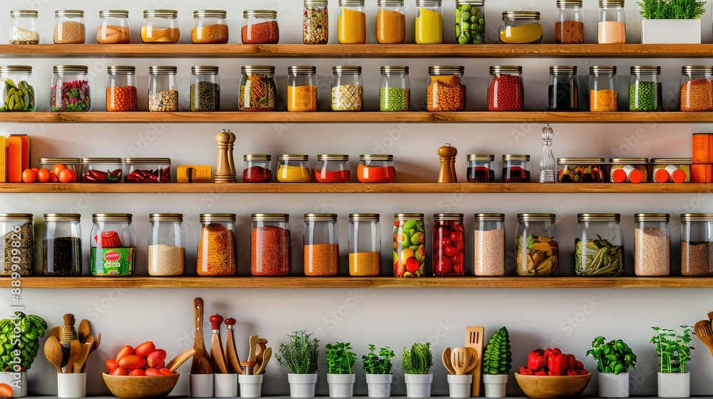 Colorful kitchen shelves filled with jars of spices, herbs, and fresh vegetables, creating a vibrant and organized culinary space. Colorful kitchen shelves filled with jars of spices, herbs, and fresh vegetables, creating a vibrant and organized culinary space.