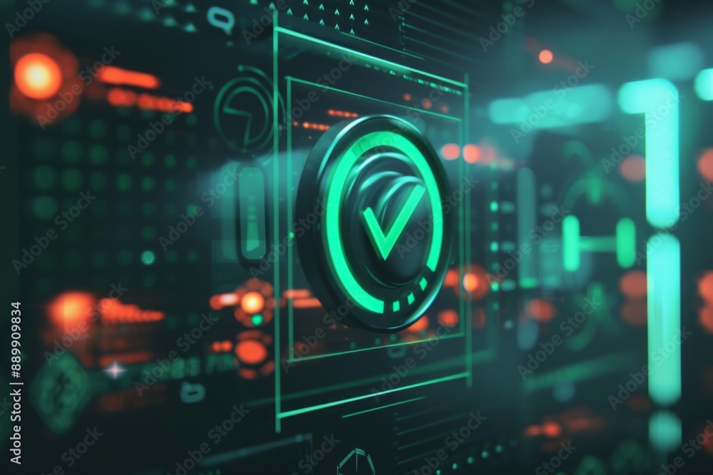 A digital dashboard with a large green tick icon confirming successful verification of user credentials. A digital dashboard with a large green tick icon confirming successful verification of user credentials.