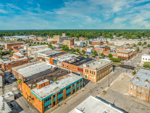 Aerial view of Rocky Mount Nash County North Carolina, typical small town USA with main street, Methodist church, public buildings photo