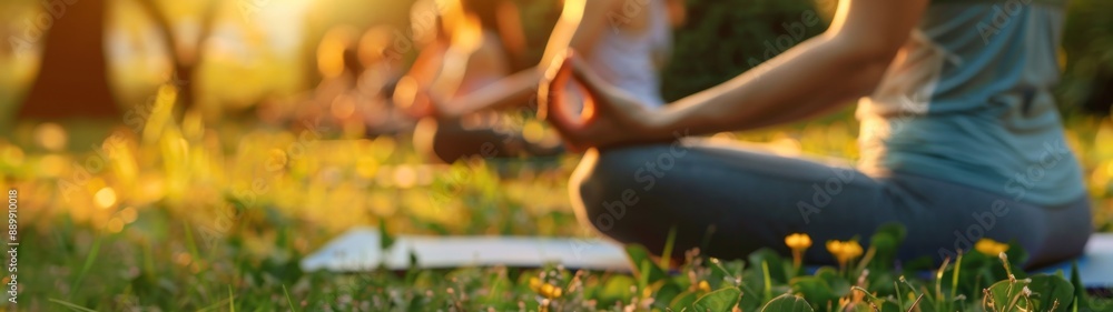 Friends practicing yoga together in a sunny garden Friends practicing yoga together in a sunny garden