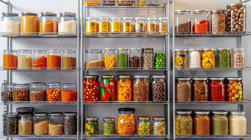 Organized pantry shelves with various food items in clear jars, showcasing an assortment of grains, spices, and preserved foods. Organized pantry shelves with various food items in clear jars, showcasing an assortment of grains, spices, and preserved foods.