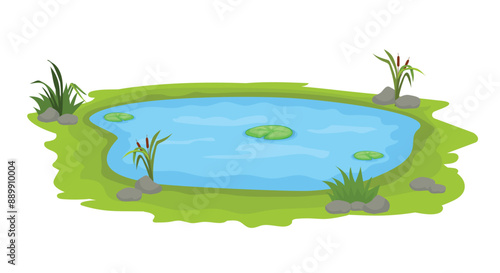 Natural pond with lily pad, rocks and grass plants