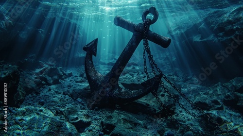 Underwater exploration sunlit anchor and chain on ocean floor with travel vibes and adventure theme