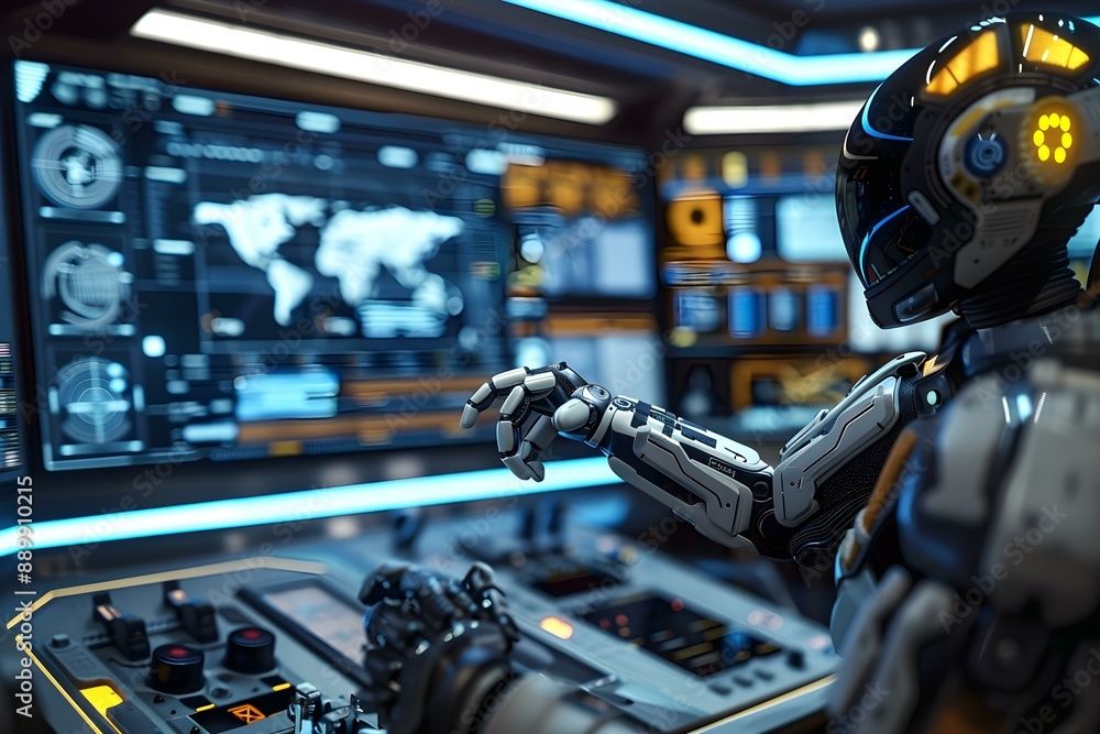 Fototapeta premium Robotic arm using VR equipment in a control room, showcasing advanced technology and virtual reality integration, high-tech and futuristic