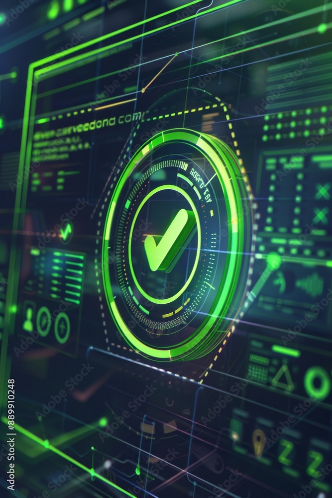 Fototapeta premium A digital dashboard with a large green tick icon confirming successful verification of user credentials. 