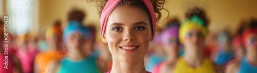 Group of Smiling Women in Colorful Workout Attire During a Fun Aerobics Class