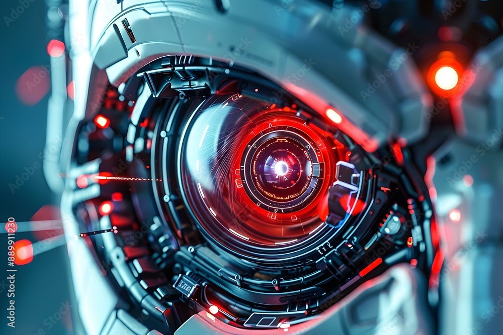 Fototapeta premium Futuristic robotic eye with intense red elements showcasing the peak of artificial vision technology