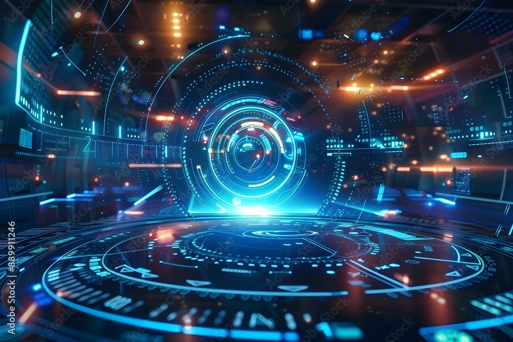 Fototapeta premium Futuristic VR Interface with Holographic Display and Digital Data Streams