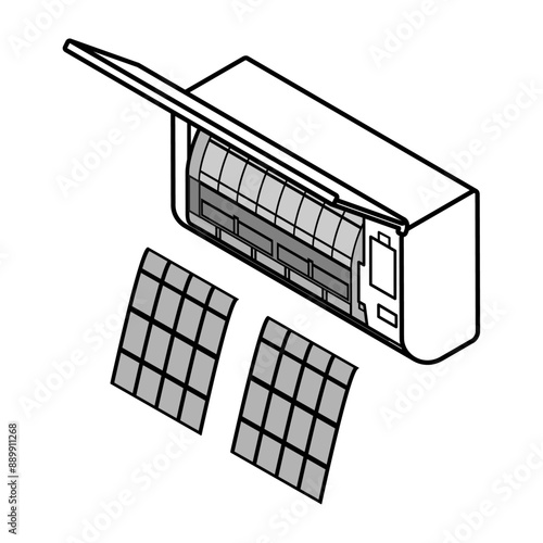 エアコンとフィルター　主線あり - Air conditioner and two filters, line drawing