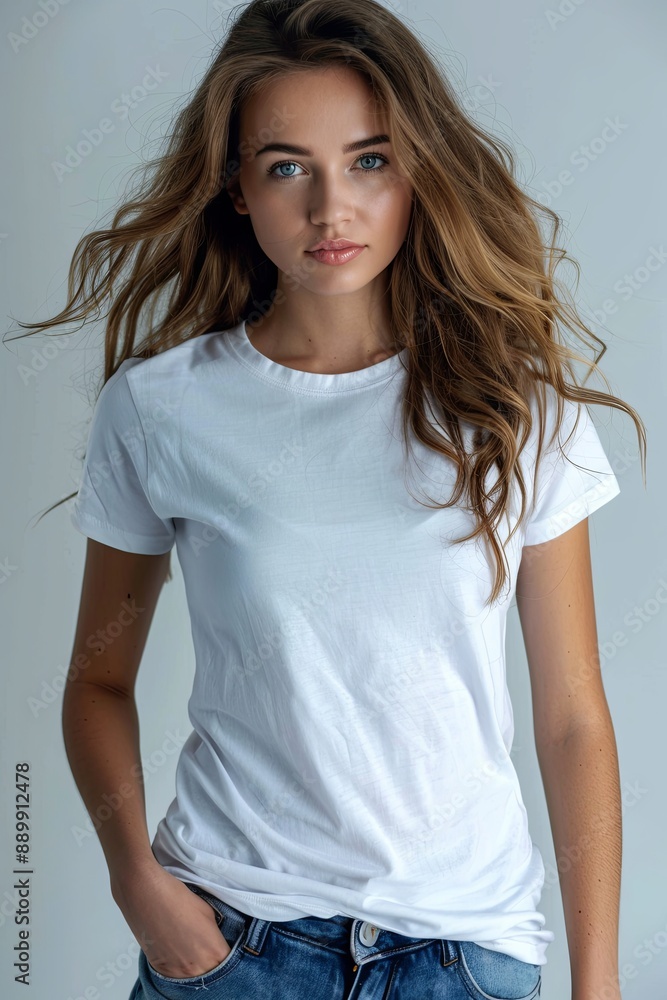 Fototapeta premium White tshirt mockup on woman model created with Generative AI