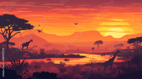 Nice view of wild tropical animals, safari wild, game background, sunset background, Illustration