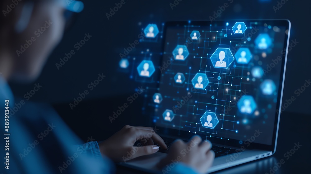 Digital Networking, person at laptop analyzing virtual connections in a dark room, illuminated holographic icons of people floating on the screen. Digital Networking, person at laptop analyzing virtual connections in a dark room, illuminated holographic icons of people floating on the screen.