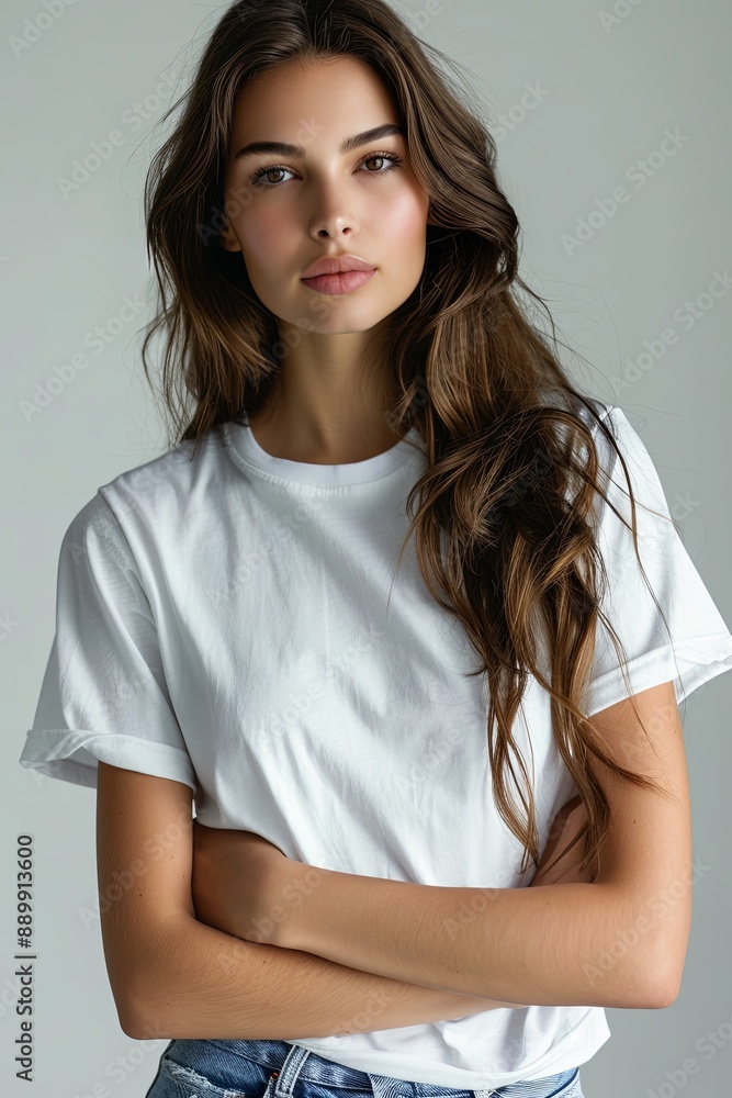White tshirt mockup on woman model created with Generative AI White tshirt mockup on woman model created with Generative AI