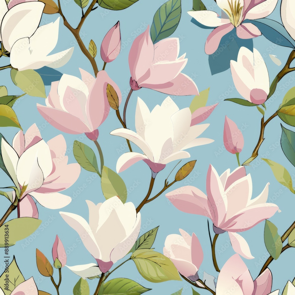seamless pattern of blooming magnolias in soft pastels, ideal for a delicate and feminine aesthetic, Generative AI seamless pattern of blooming magnolias in soft pastels, ideal for a delicate and feminine aesthetic, Generative AI