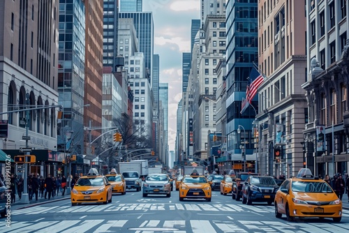Fototapeta Naklejka Na Ścianę i Meble -  Yellow Taxis Navigating Busy Midtown Manhattan Street