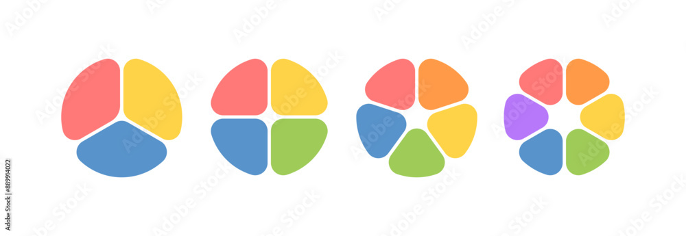Circle division infographic icon set. Pie chart divided 4,5,6 equal parts. Sectors with rounded corners icon. Color infographic flower round diagram. Vector illustration isolated on white background. Circle division infographic icon set. Pie chart divided 4,5,6 equal parts. Sectors with rounded corners icon. Color infographic flower round diagram. Vector illustration isolated on white background.