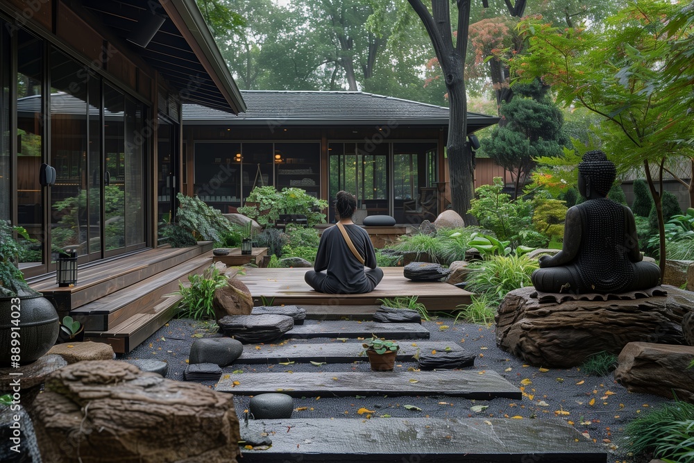 Person Meditating on a Stone Pathway in a Lush Zen Garden Person Meditating on a Stone Pathway in a Lush Zen Garden