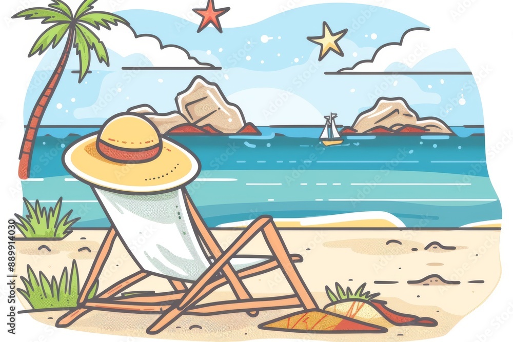 Obraz premium Relaxing beach scene with chair and hat under a bright sky in a serene inviting illustration