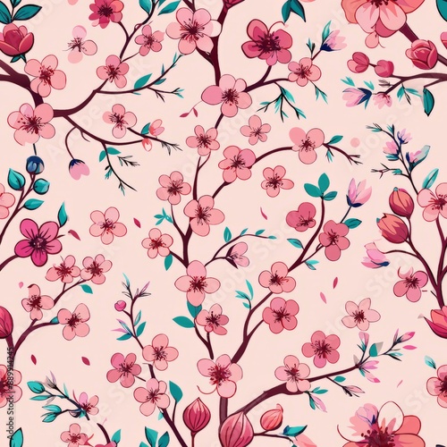 seamless pattern of dainty cherry blossoms, symbolizing beauty and renewal, Generative AI