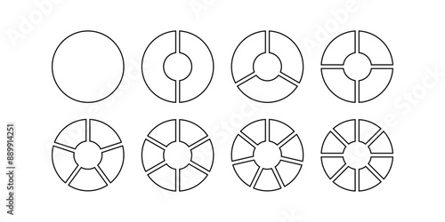 Circle division infographic icon set. Pie chart divided 6,7,8 equal parts. Ring or donut round diagram. Infographic wheel segment and fraction. Vector illustration isolated on white background.
