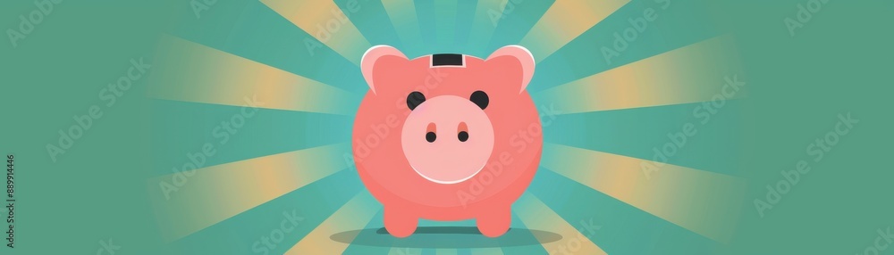 Cute pink piggy bank on a green background with sunburst design, representing savings, financial growth, and money management. Cute pink piggy bank on a green background with sunburst design, representing savings, financial growth, and money management.