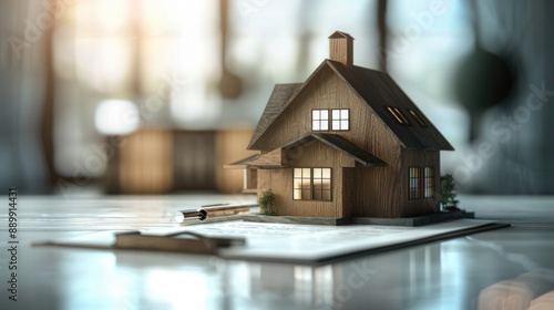 House model and contract, agent and customers discussing buying renting house, get insurance or loan real estate or property on background. Concept of mortgage