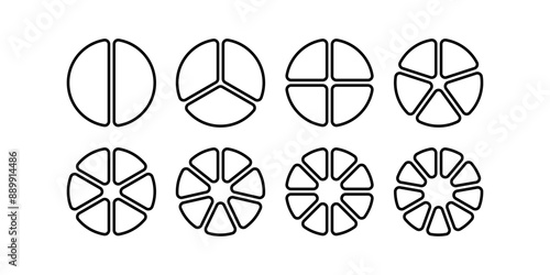 Circle division infographic icon set. Pie chart divided 7,8,9 equal parts. Outline ring donut round diagram. Infographic circular wheel fraction. Vector illustration isolated on white background.