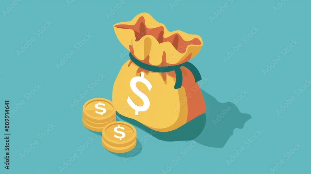 Illustration of a money bag with dollar sign and two gold coins on a blue background, depicting financial success and wealth. Illustration of a money bag with dollar sign and two gold coins on a blue background, depicting financial success and wealth.
