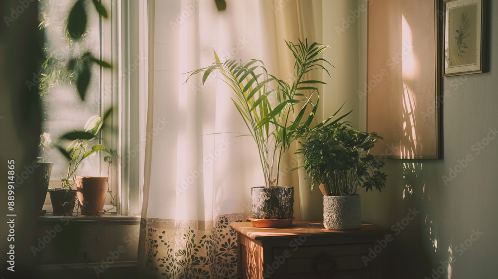 A window with a curtain and a plant in a pot A window with a curtain and a plant in a pot