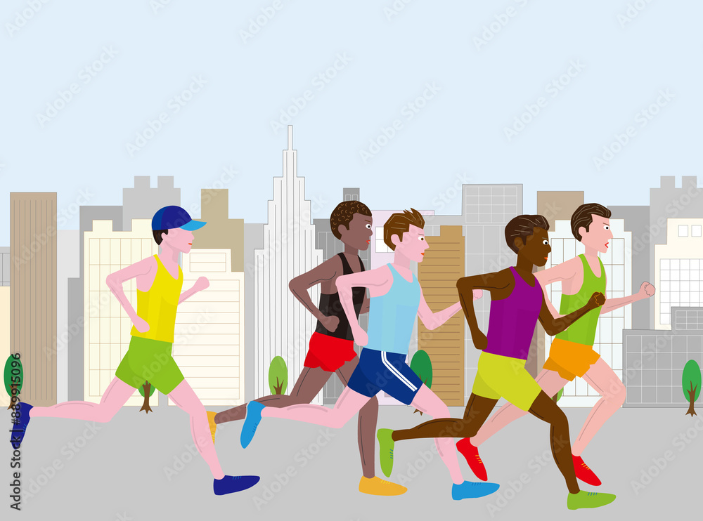 Obraz premium 国際的なスポーツ大会のマラソンを走るランナー。