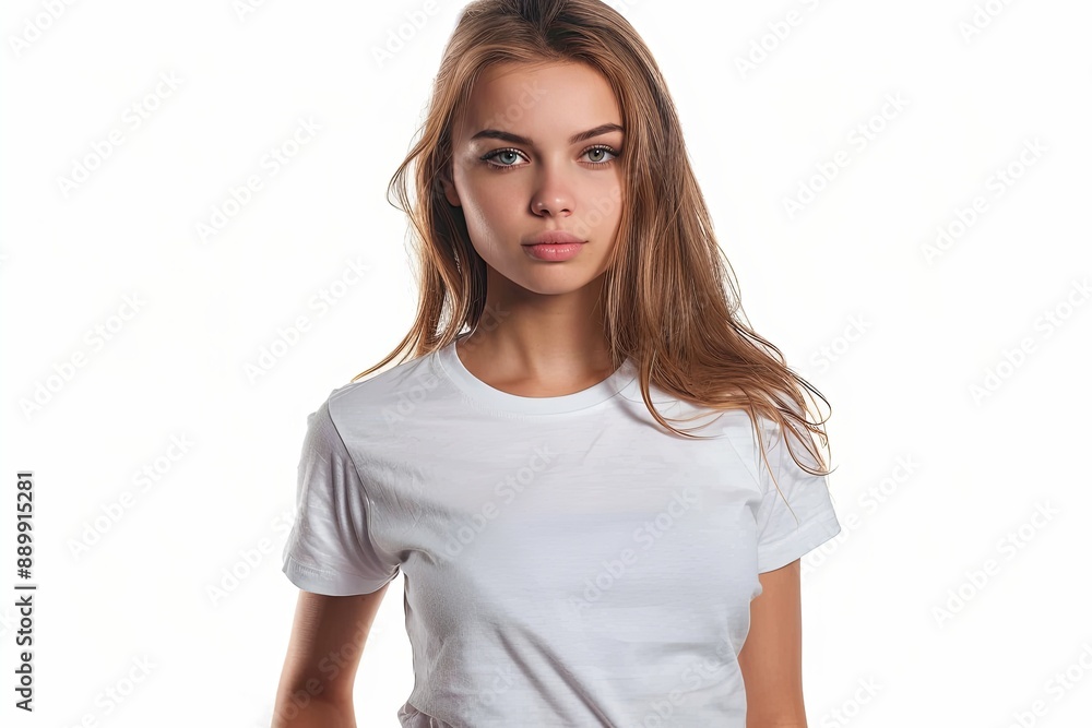 White tshirt mockup on woman model created with Generative AI White tshirt mockup on woman model created with Generative AI