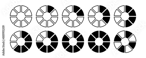 Circle division infographic loading icon. Pie chart divided 8 equal parts. Pizza or donut round diagram. Infographic circular wheel fraction. Vector illustration isolated on white background.