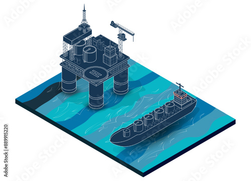 Offshore oil rig drilling platform and tanker. Isometric style. Vector illustration eps10