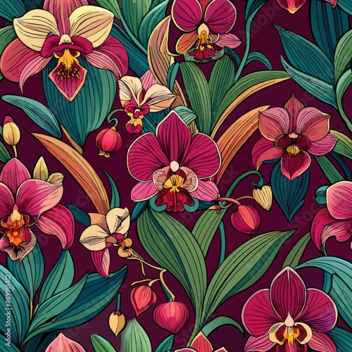  seamless pattern of intricate orchids in rich jewel tones, adding a touch of exotic elegance, Generative AI