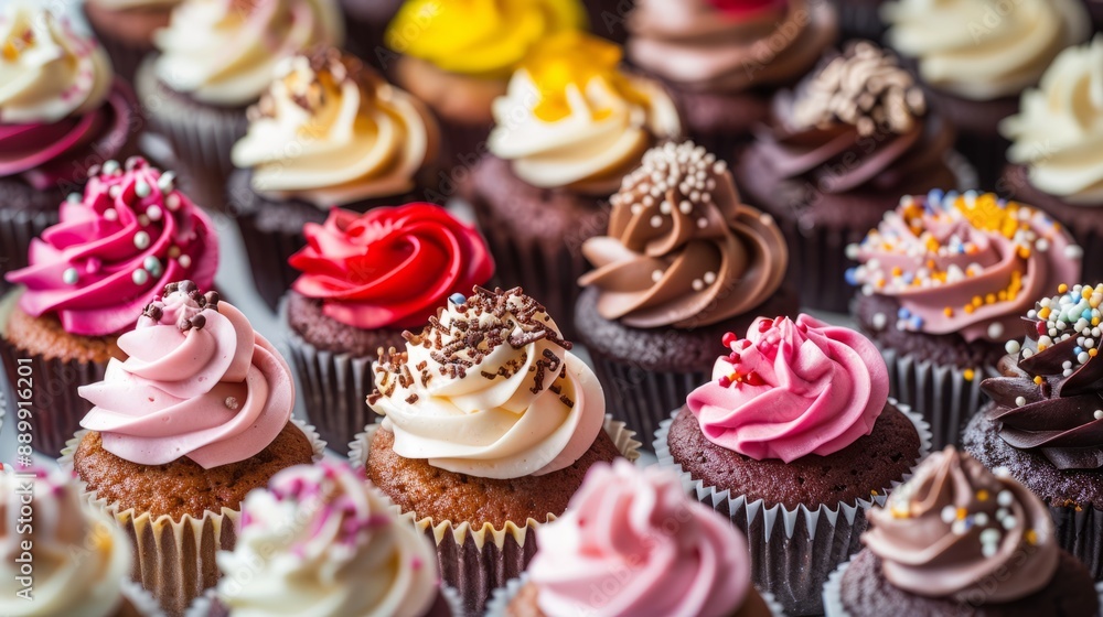 Delicious food. A variety of colorful cupcakes background. An assortment of delicious cupcakes arranged on a platter. Delicious food. A variety of colorful cupcakes background. An assortment of delicious cupcakes arranged on a platter.