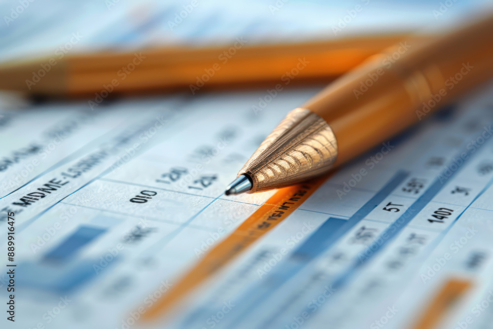 Case study business, A pen is on top of a piece of paper with numbers and graphs. The pen is orange and has a black tip Case study business, A pen is on top of a piece of paper with numbers and graphs. The pen is orange and has a black tip