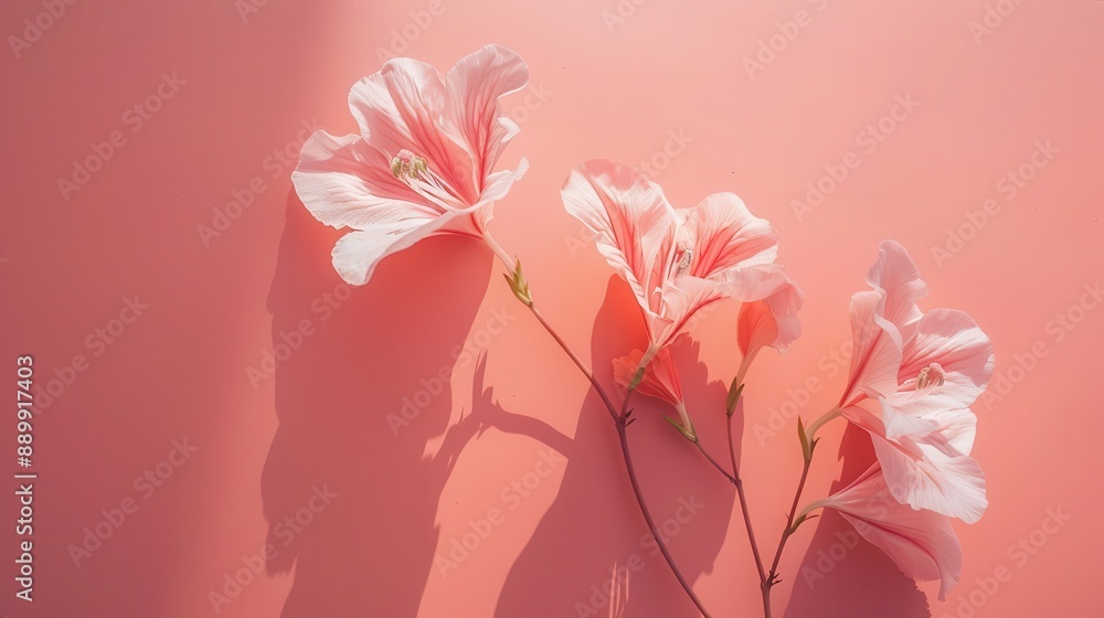 Delicate white flowers with long shadows on a soft pink background. A minimalist floral image perfect for a greeting card or website design. Wall art, leaflet, and poster design, website, media decor Delicate white flowers with long shadows on a soft pink background. A minimalist floral image perfect for a greeting card or website design. Wall art, leaflet, and poster design, website, media decor