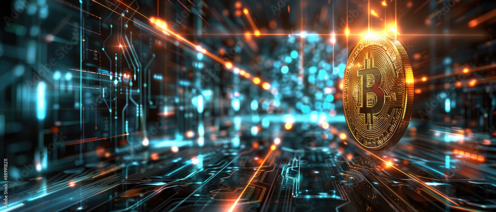 Bitcoin blockchain cryptocurrency mining technology, digital background wallpaper banner Bitcoin blockchain cryptocurrency mining technology, digital background wallpaper banner