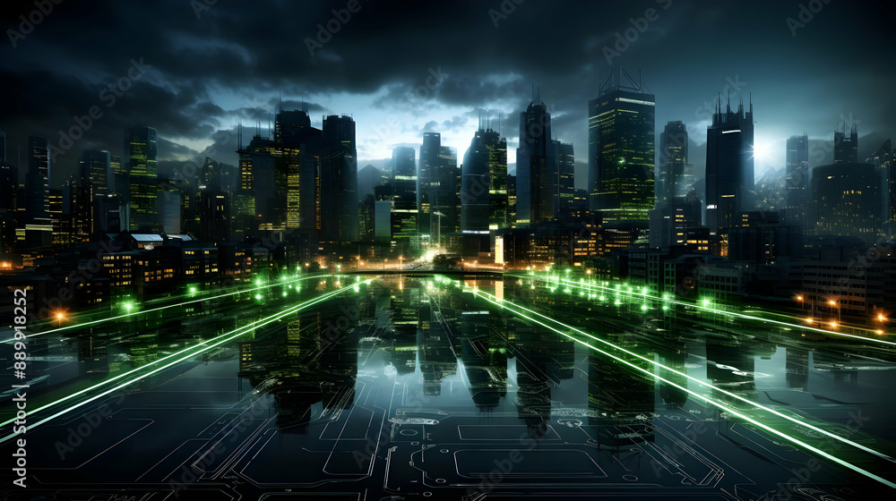 Fototapeta premium Futuristic Cityscape Illustration with Green Lines and Reflections