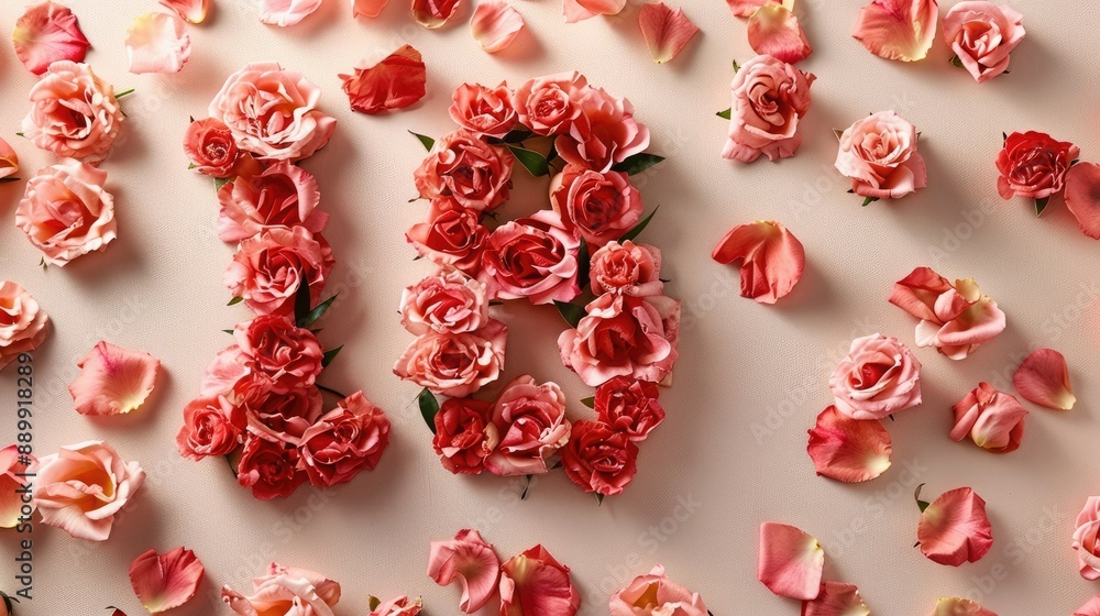 Beautiful arrangement of pink and red roses forming the number 18 on a white background, surrounded by scattered petals. Beautiful arrangement of pink and red roses forming the number 18 on a white background, surrounded by scattered petals.