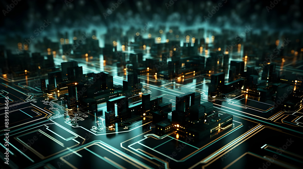 Obraz premium Futuristic Cityscape on Circuit Board 3D Illustration
