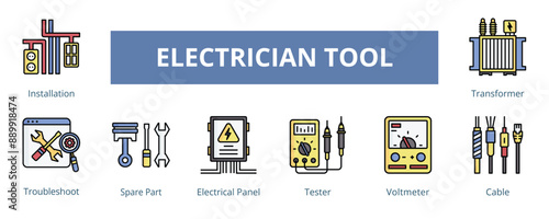 Electrician Tool Lineal Color Banner Web Icon Set Vector Illustration, Installation Troubleshoot Spare Part Electrician Panel Tester Voltmeter Cable Transformer