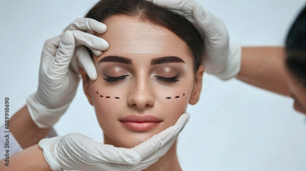 Smiling woman with plastic surgery marks and white gloves on her face, light background
Smiling woman with plastic surgery marks and white gloves on her face, light background