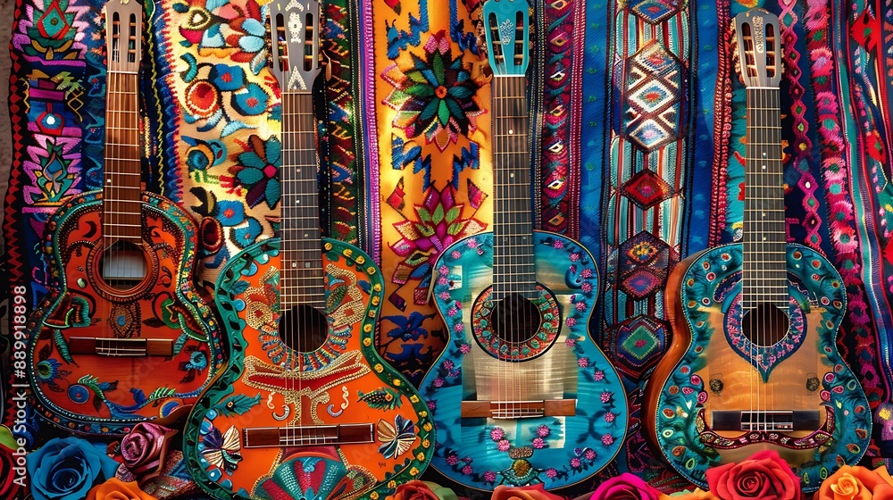 Fototapeta premium Traditional Hispanic Clothing and Music Instruments Showcasing Rich Culture