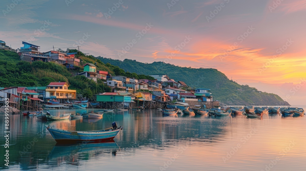 A beautiful sunset over a small town with many colorful houses and boats A beautiful sunset over a small town with many colorful houses and boats