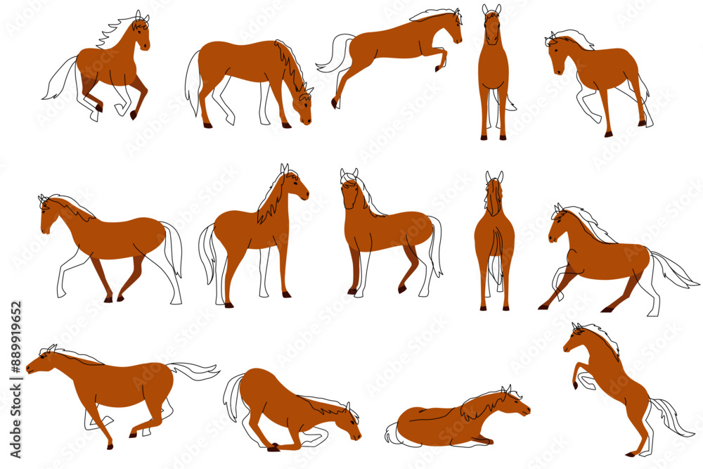 Obraz premium Different Poses of Horses Icons Vector Illustration