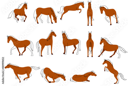 Different Poses of Horses Icons Vector Illustration